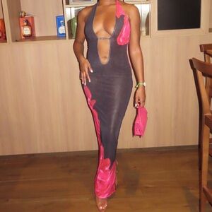 Black & Pink Mesh Halter Dress